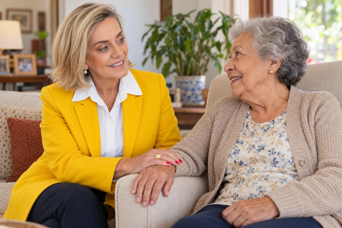 Cena ilustrativa de Cristina conversando com uma senhora idosa em um ambiente acolhedor
